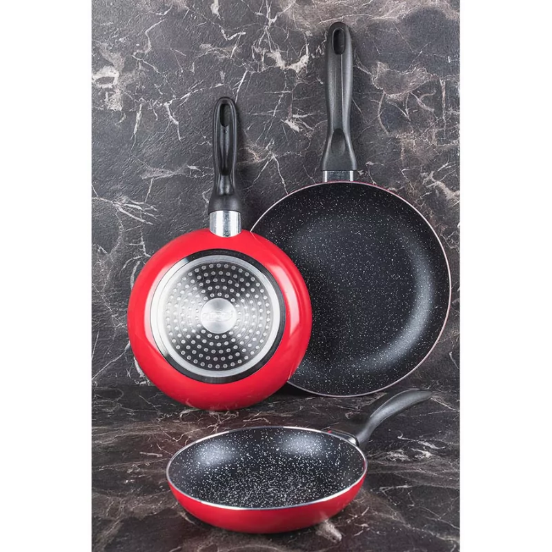 Set of 3 Red & Marble San Ignacio Frying Pans - (Ø16+20+24cm) - Pressed Aluminum