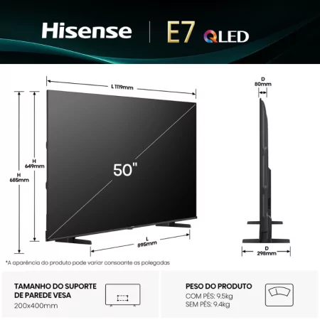Smart TV Hisense 50 - (QLED - 4K UHD - Vidaa OS - 126cm) - 50E7Q|Hisense|6942351418636