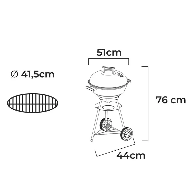 Barbacoa a Carvão Gourmet Kitchen con Tampa, 2 Rodas e Grelha Ø41,5 x 76 cm - Negra