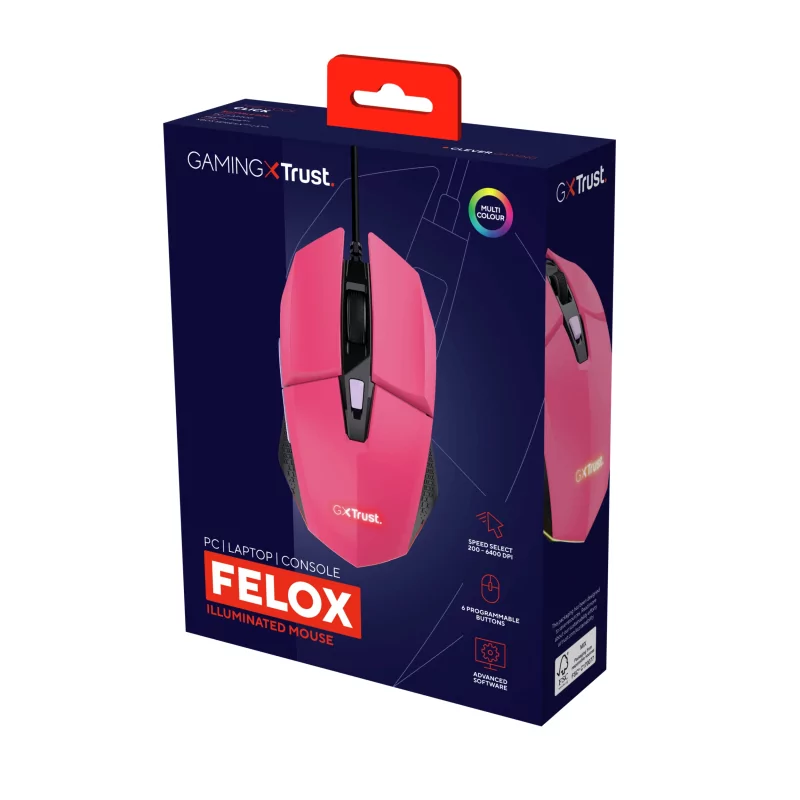 Kontrolsat - Trust Gaming Mouse - 6400 DPI - 60 IPS - RGB - Pink - GXT 109P FELOX