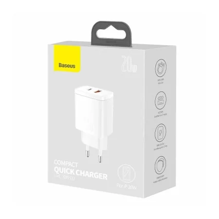 Kontrolsat - Baseus Compact Charger - USB-C/USB-A - 20W - 3.0 - White - CCXJ-B02 Kontrolsat - Baseus Compact Charger - USB-C/USB-A - 20W - 3.0 - White - CCXJ-B02