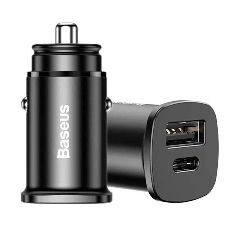 Kontrolsat - Baseus Square Metal Car Charger USB-C/USB-A 30W Car Charger - Black
