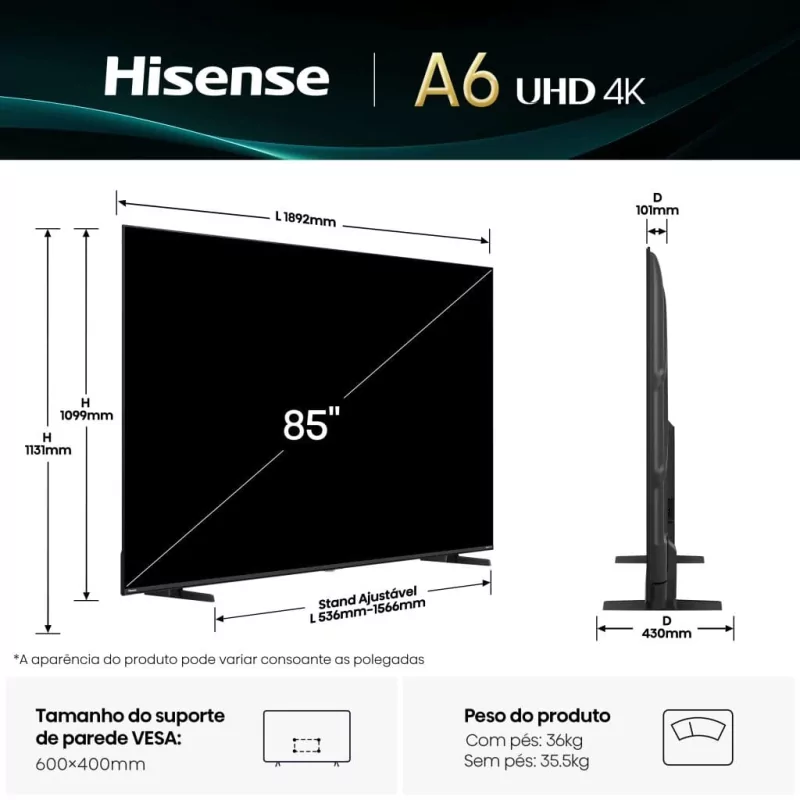 Kontrolsat - Smart TV Hisense 85 - (216cm - VIDAA OS - UHD 4K) - 85A6Q