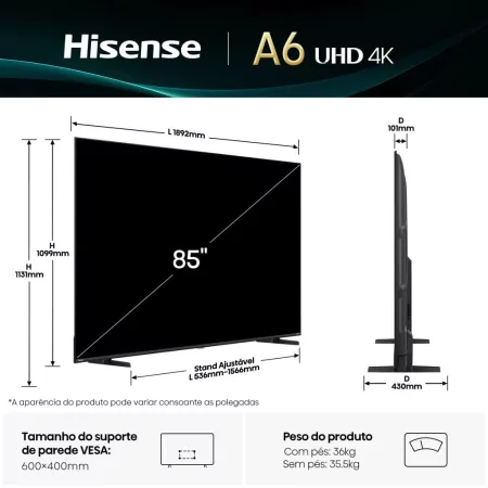 Kontrolsat - Smart TV Hisense 85 - (216cm - VIDAA OS - UHD 4K) - 85A6Q Kontrolsat - Smart TV Hisense 85 - (216cm - VIDAA OS - UHD 4K) - 85A6Q